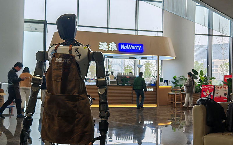 武大人形机器人“天问”到咖啡店“实习”。